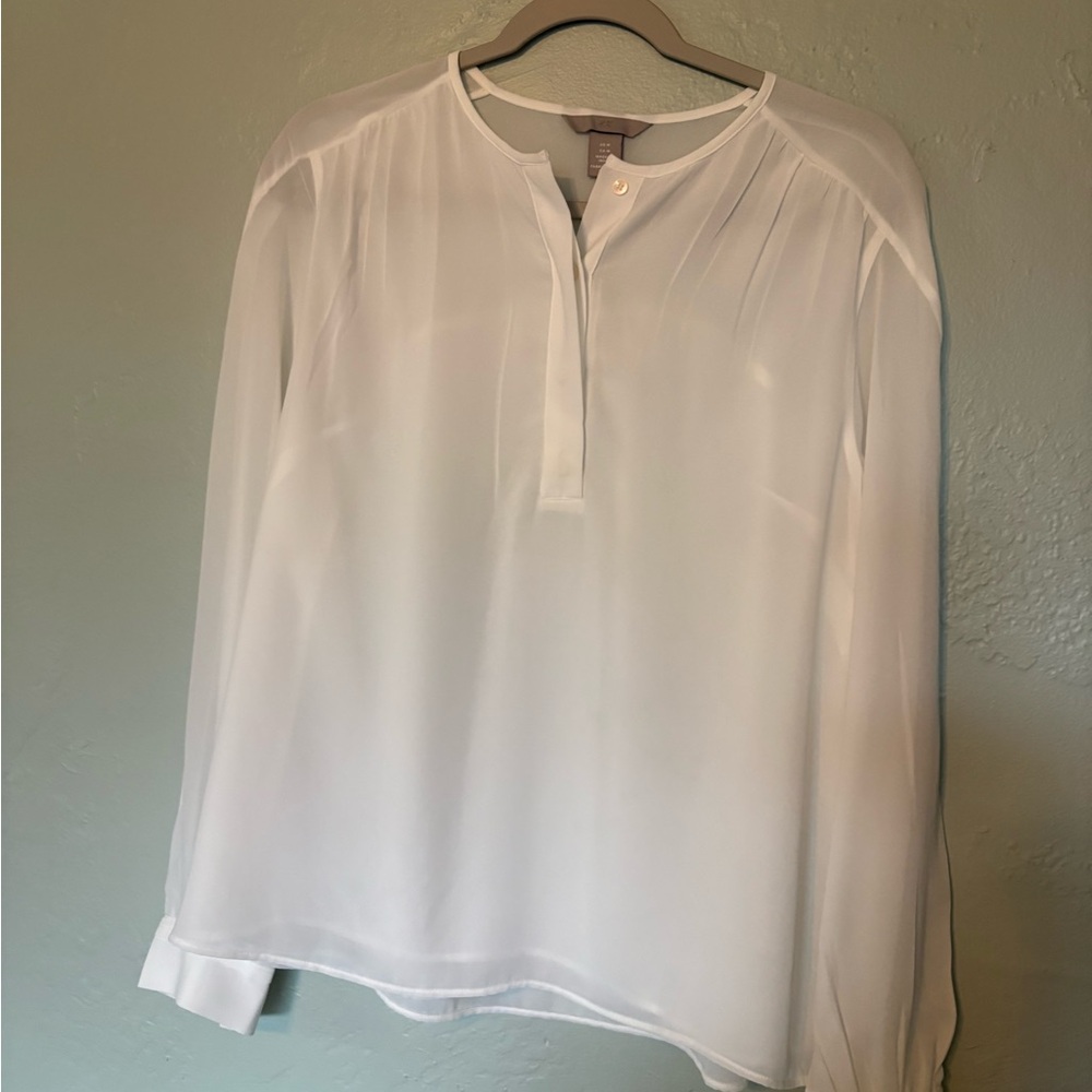 H&M White Long-Sleeve Split-Neck Blouse